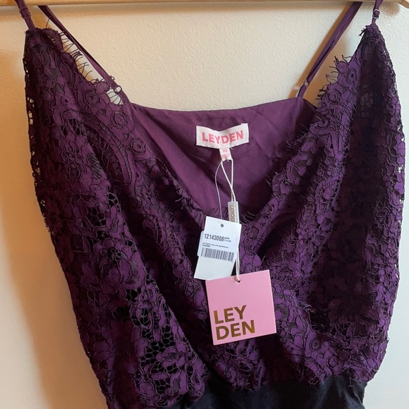 NWT XS/XL Leyden purple eyelash lace overlay deep V bodysuit drape front cotton - Picture 3 of 11